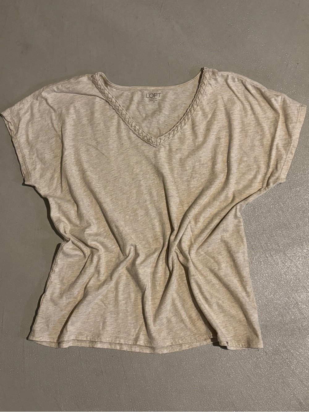 LOFT Cream Short Sleeve V-Neck Top with Braided Trim